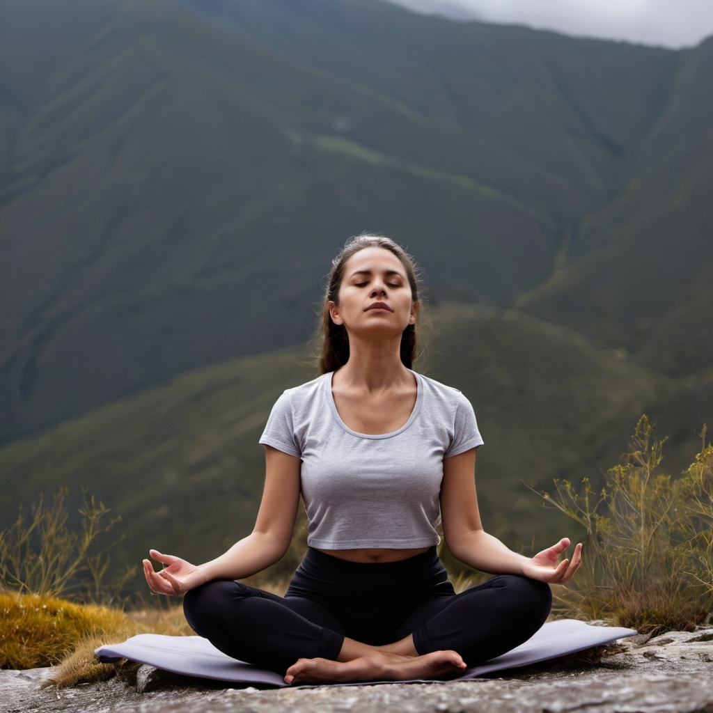 Mujer meditando en la montaña senderismo